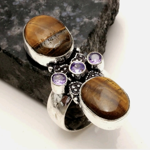 New Stunning Oversized Tiger Eye and Amethyst 925 Silver Statement Ring. - Picture 8 of 16
